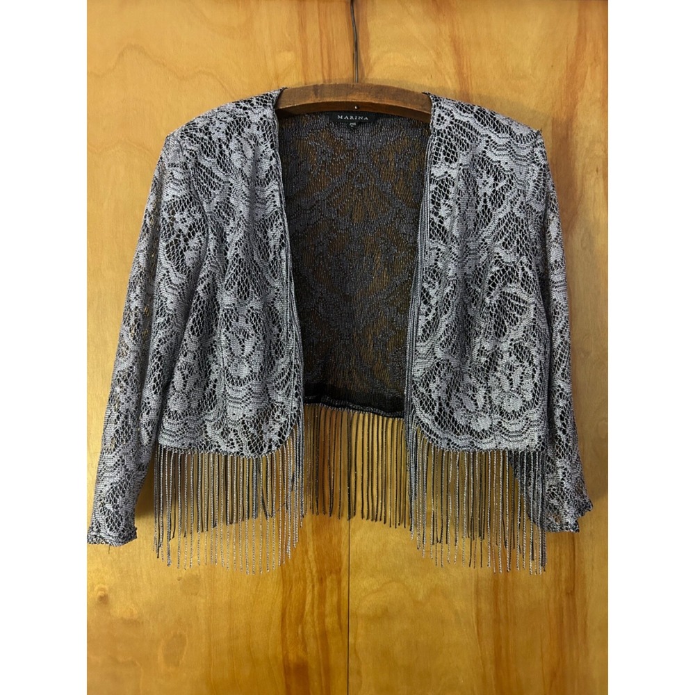 Marina Eveningwear Shrug-Silver Lace With Fringe-Club-Sz L